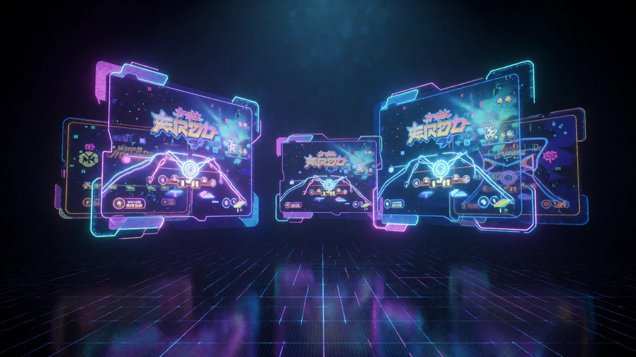 Cyberpunk-Arcade-Halle mit holografischen Spielfenstern als Hintergrund f&uuml;r Roby Casino Spiele-&Uuml;bersicht