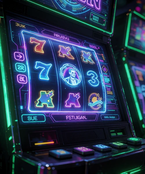 Neon-leuchtender Slot-Automat mit holografischem Interface im Cyberpunk-Casino f&uuml;r Roby Casino Freispiele ohne Einzahlung
