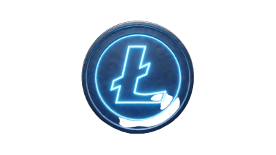 Leuchtendes Litecoin Coin in Neon-Blau als 3D-Symbol f&uuml;r Roby Casino Krypto Zahlung