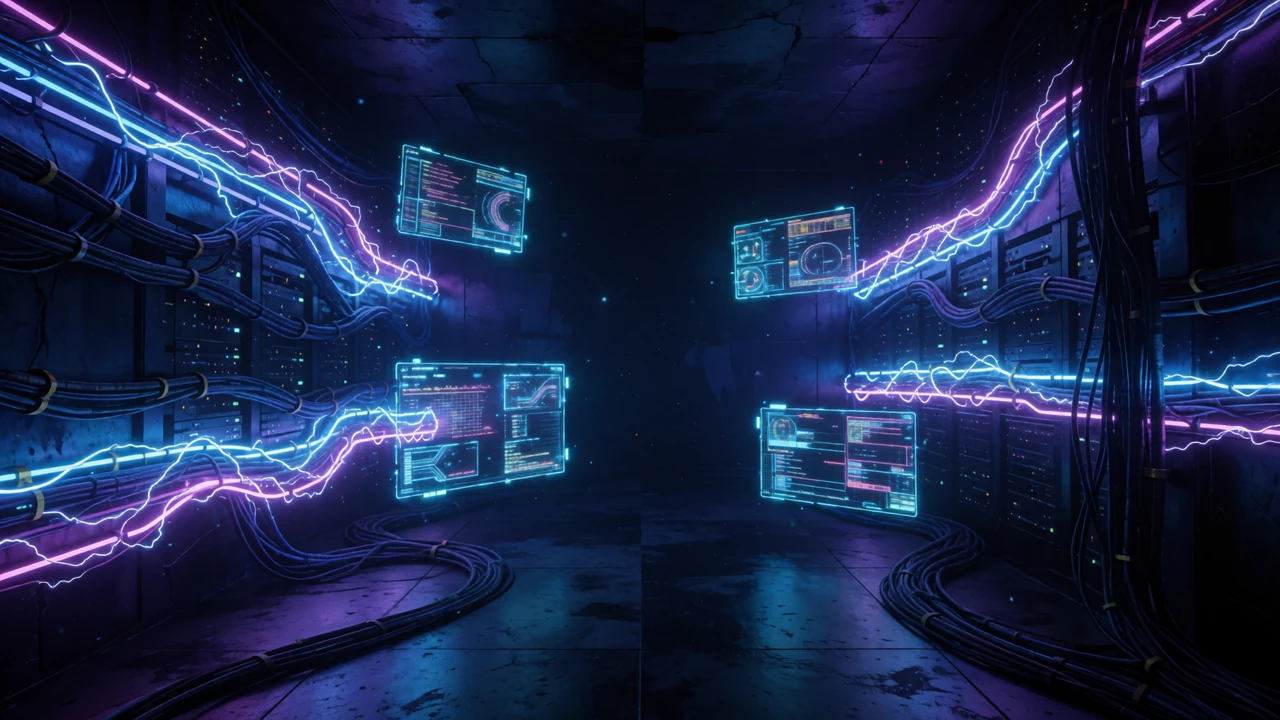 Dunkler futuristischer Cyberpunk-Serverraum mit leuchtenden blauen und violetten Neon-Datenkabeln f&uuml;r Roby Casino FAQ-Bereich