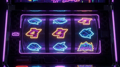 Neon-Spielautomat mit lila und blauem Glitzern f&uuml;r Roby Casino Online Slots