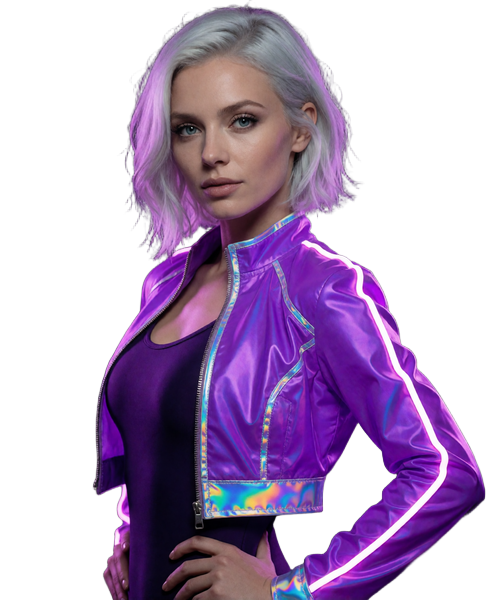 Modell Luna in neon-violetter Jacke mit holografischem Trim f&uuml;r Roby Casino Willkommensbonus-Bereich