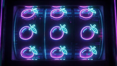 Neon-Spielautomat mit leuchtenden Cyberpunk-Frucht-Symbolen f&uuml;r Roby Casino Online Slots