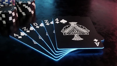 Blackjack-Karten auf dunkler reflektierender Oberfl&auml;che mit blauem Neon-Gl&uuml;hen f&uuml;r Roby Casino Blackjack online