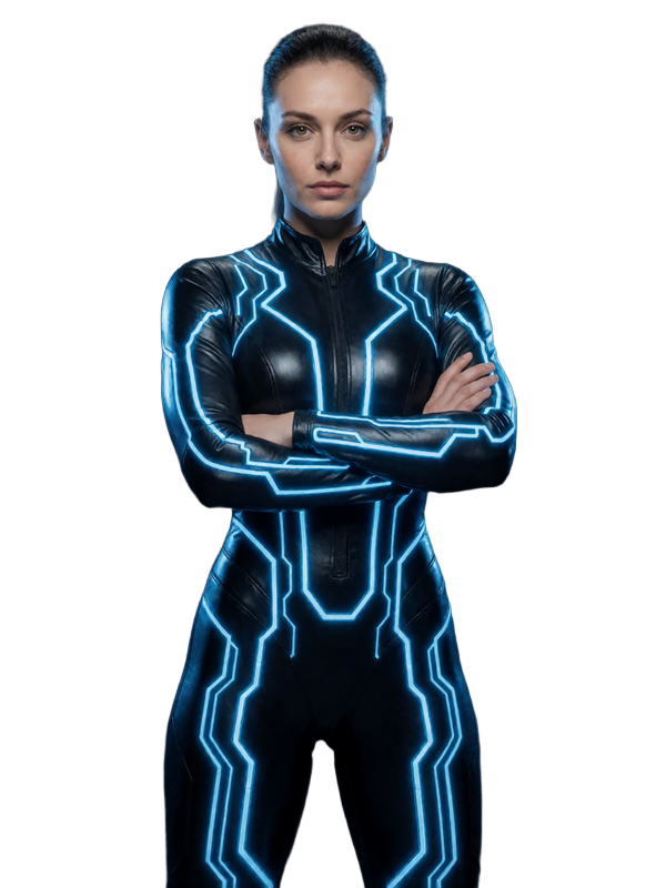 Futuristisches Modell Nova in schwarzem Bodysuit mit leuchtenden blauen Schaltkreisen f&uuml;r Roby Casino Hero-Bereich