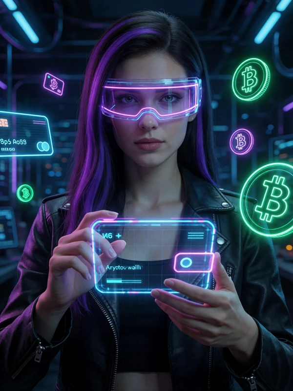 Futuristisches Modell mit Visor und lila Neon-Str&auml;hnen bedient holographisches Krypto-Wallet-Interface bei Roby Casino Zahlungsmethoden