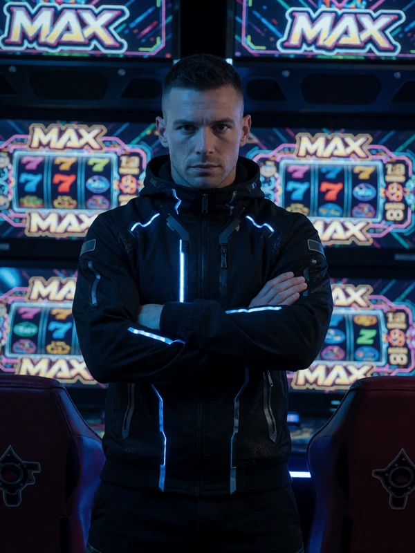 Futuristisches Modell Max in schwarzem Techwear-Jacket mit blauen LED-Streifen in einer Cyberpunk-Arcade f&uuml;r Roby Casino Spiele
