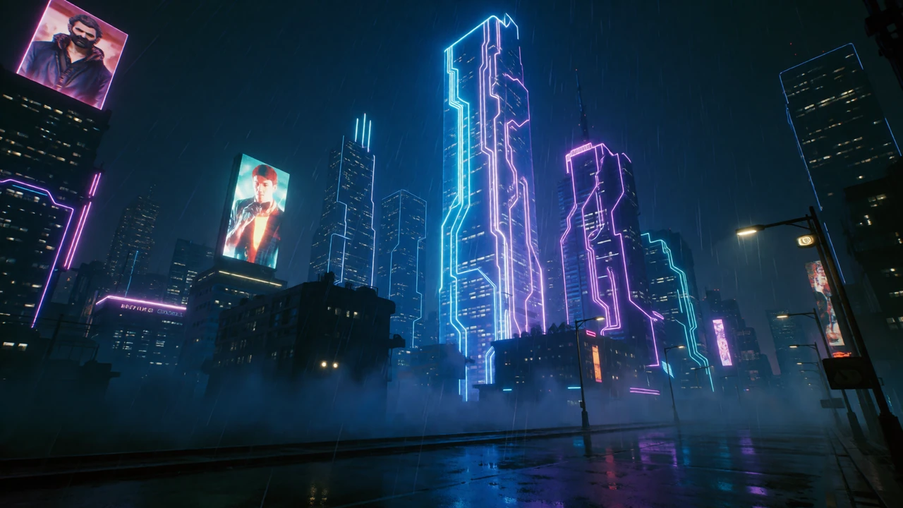 Neon-durchflutete Cyberpunk-Skyline bei Nacht als Hintergrund f&uuml;r Roby Casino Online Casino Deutschland