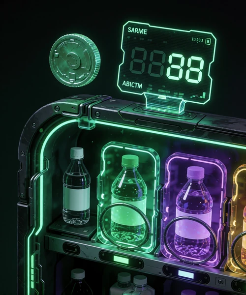 Futuristische Cyberpunk-Vending-Machine mit leuchtenden neon-gr&uuml;nen Produkt-Slots f&uuml;r Roby Casino Shop