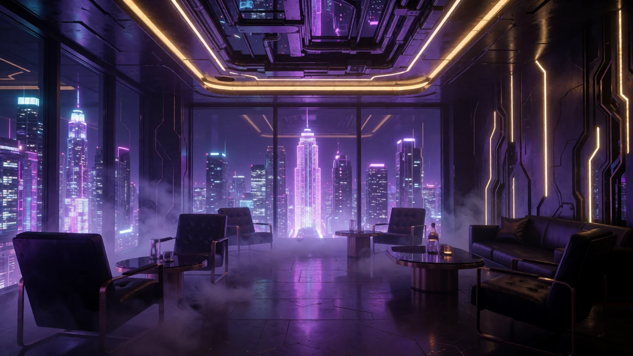 Dunkle Cyberpunk-VIP-Lounge mit neon-violetten und goldenen Lichtstreifen als Hintergrund f&uuml;r Roby Casino VIP-Programm