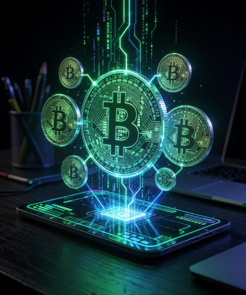 Holographische Krypto-M&uuml;nzen schweben &uuml;ber dunklem Schreibtisch mit Neon-Datenstr&ouml;men f&uuml;r Roby Casino Krypto Casino Bereich