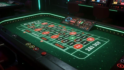 Live-Roulettetisch mit holografischem Interface und neon-leuchtendem Einsatzraster f&uuml;r Roby Casino Live Casino