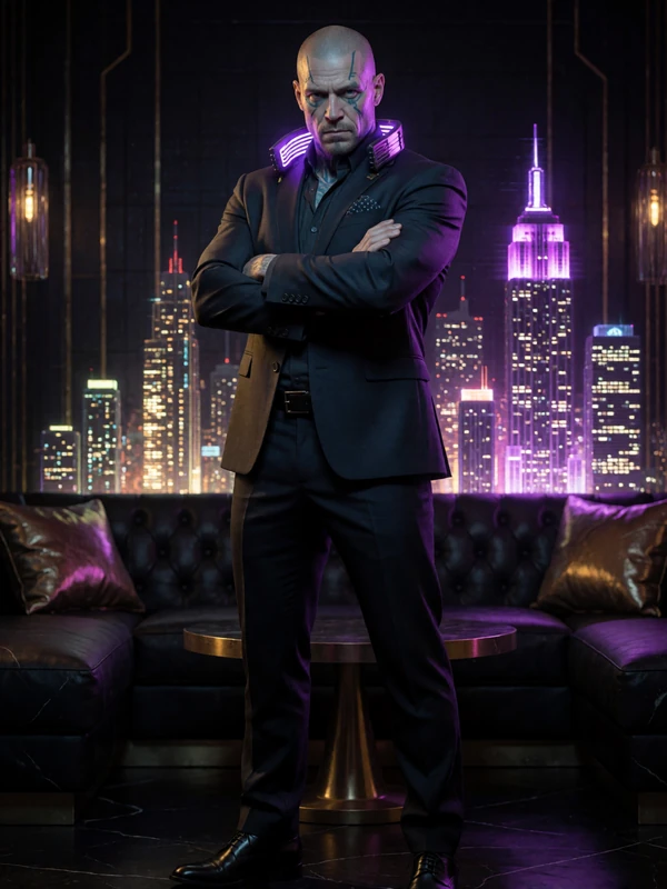 Futuristisches Modell Maximus in dunklem Anzug mit violetten LED-Akzenten in Cyberpunk-VIP-Lounge f&uuml;r Roby Casino VIP-Programm